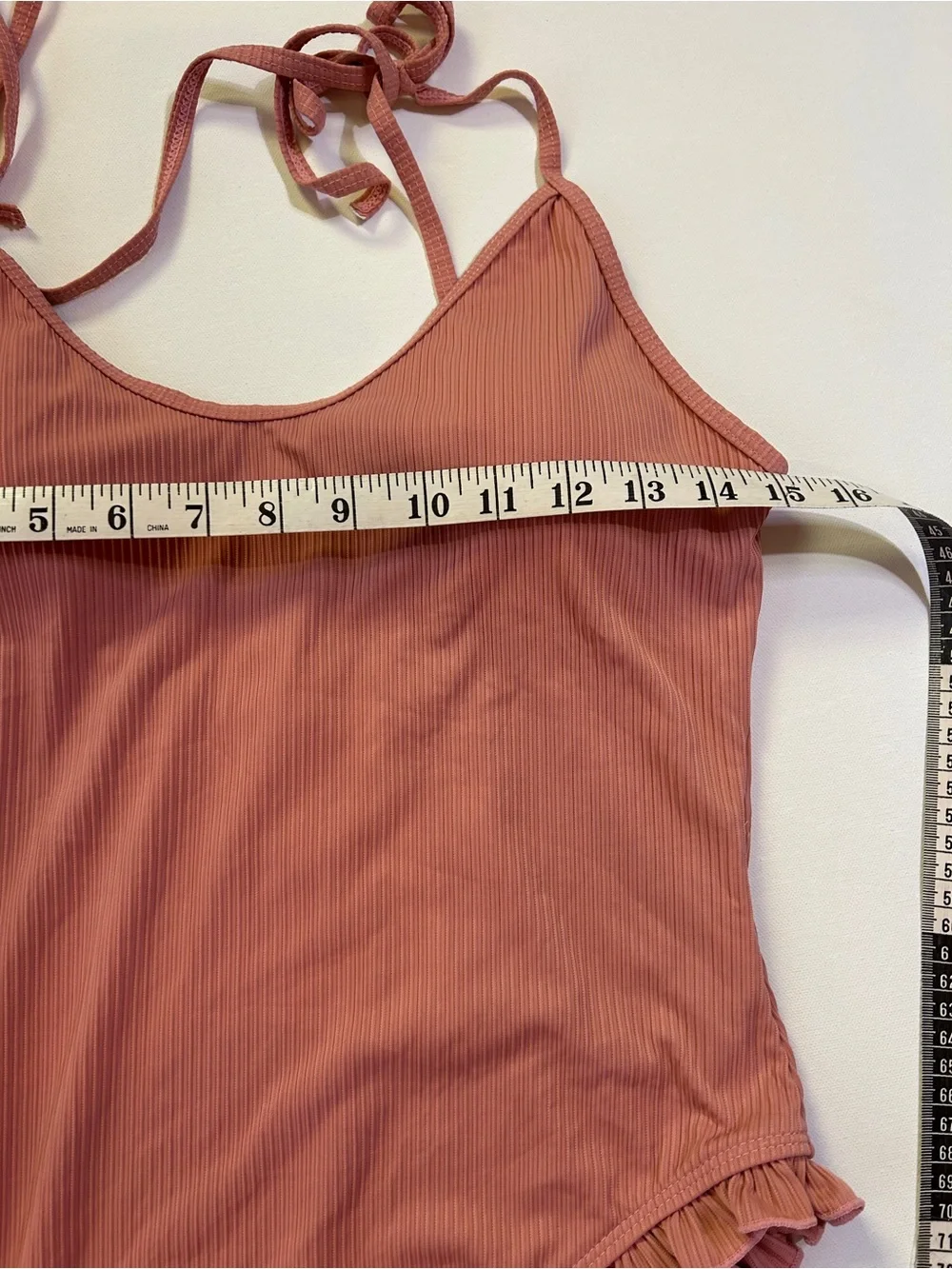 BeachJoy Ribbed One Piece Swimsuit Pink Ruffle Tie Strap Women’s Size L NWT